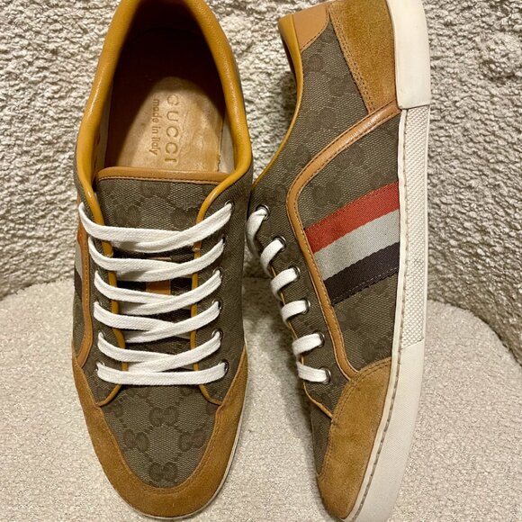 Mens Authentic GUCCI Suede and Canvas Monogram Sneakers - Size 8 - Picture 4 of 15
